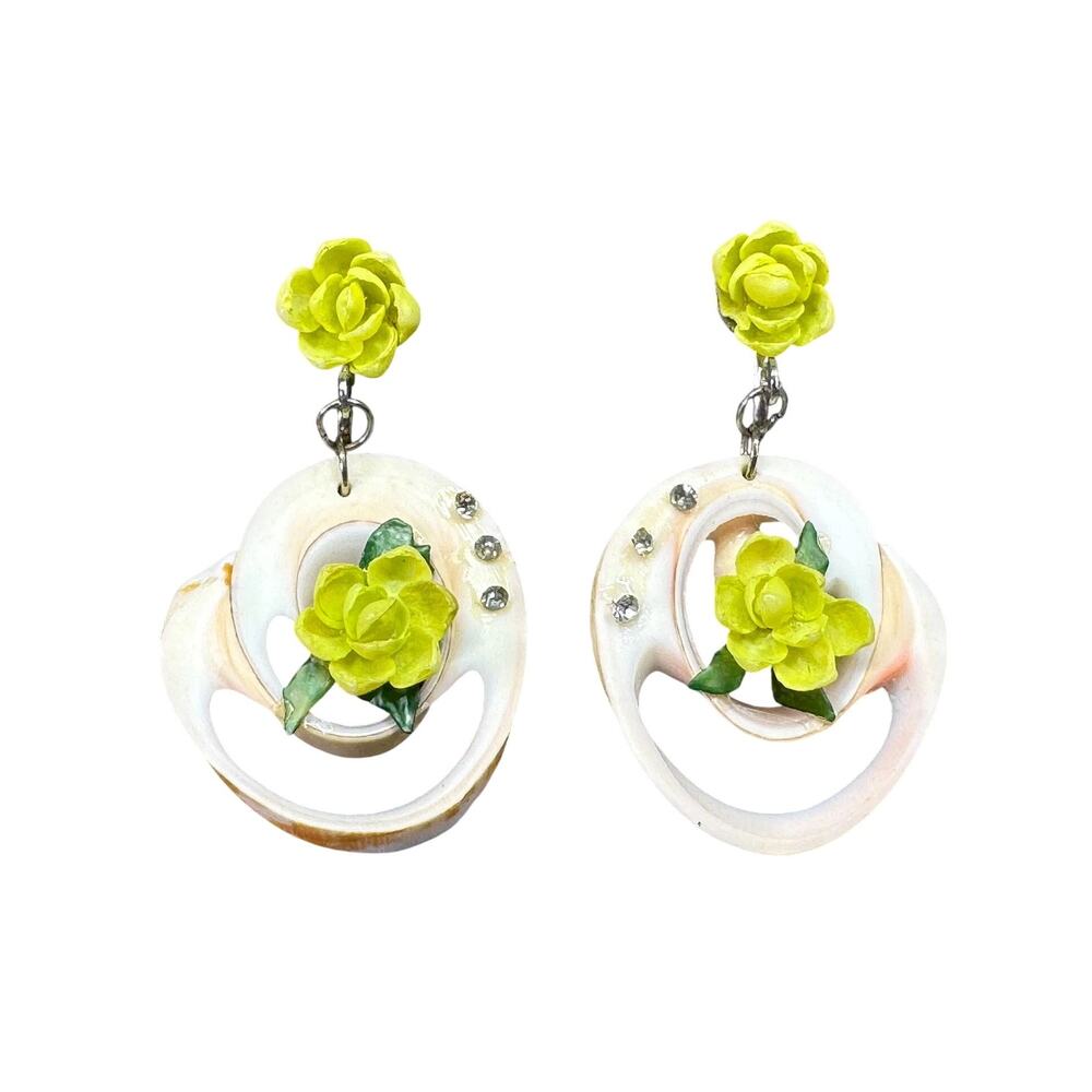 Vintage Shell Slice with Chartreuse Flowers, Dangle-Stud, Screw Back Earrings